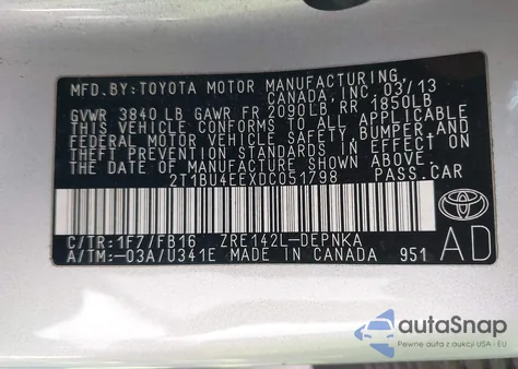 2013 Toyota Corolla Le from USA, damaged, VIN 2T1BU4EEXDC051798